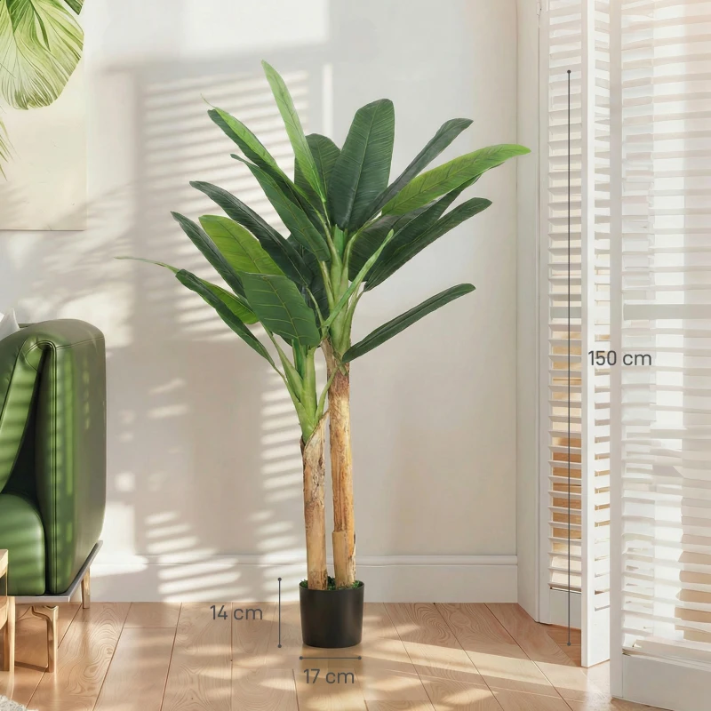 HOMCOM Árbol de Plátano Artificial 150 cm Planta Artificial Decorativa con Maceta y  2 Troncos para Hogar Oficina Salón Verde