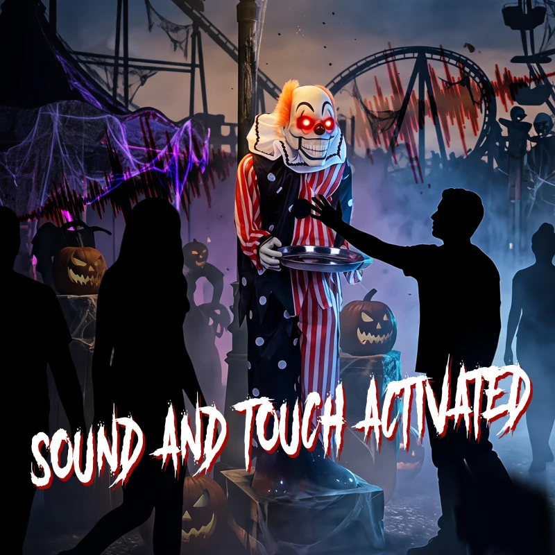 HOMCOM Animated Clown Halloween Decoration, Scary Halloween Animatronics Decor with Sound Touch Activated