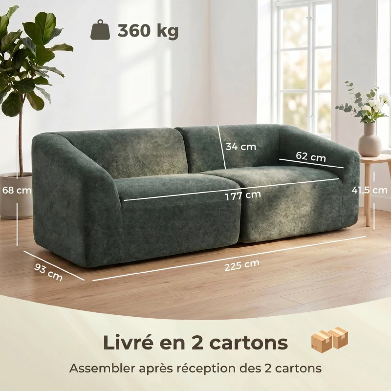 HOMCOM Canapé 3 places en chenille 225 cm, canapé salon rembourré moderne avec assise large, coussin à ressorts, vert foncé
