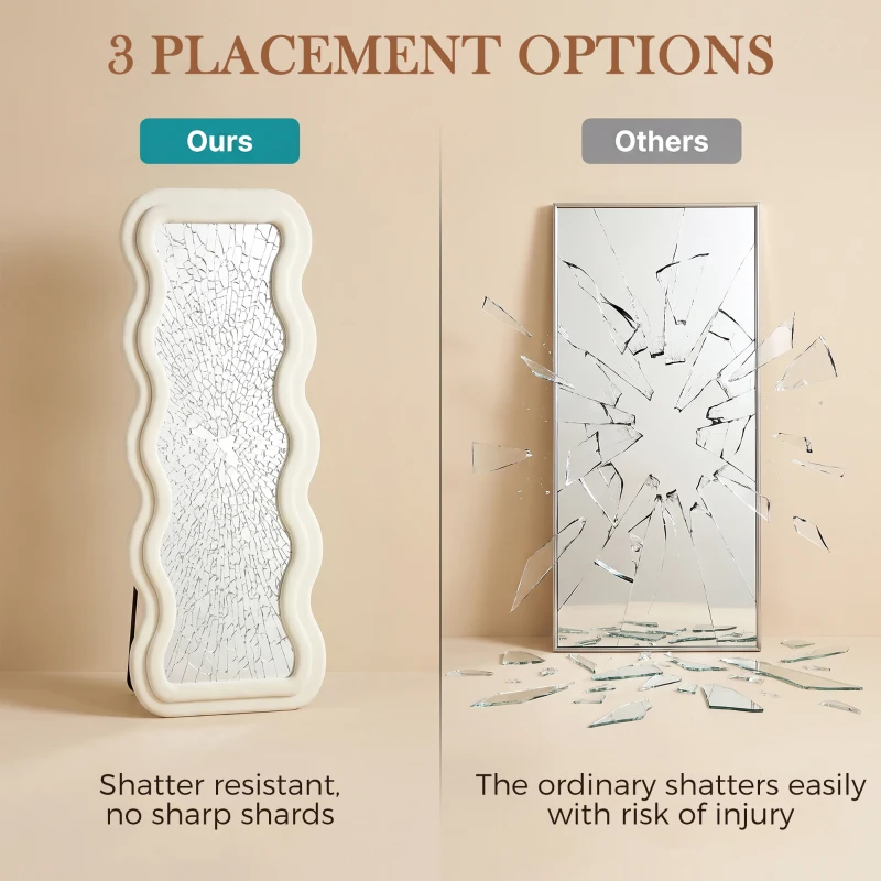 HOMCOM Full Length Mirror, 160 x 60 cm Wavy Full Body Wall Standing Mirror with Velvet Frame and Tempered Glass, Cream White
