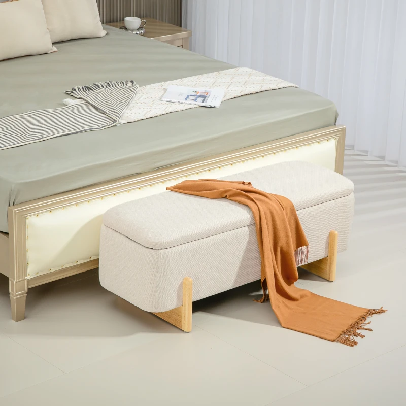 HOMCOM Banc de Rangement, Bout de Lit Rembourré, Charnières de Sécurité, Pieds Forme U en Bois d'Hévéa Stable, Crème(m-10)