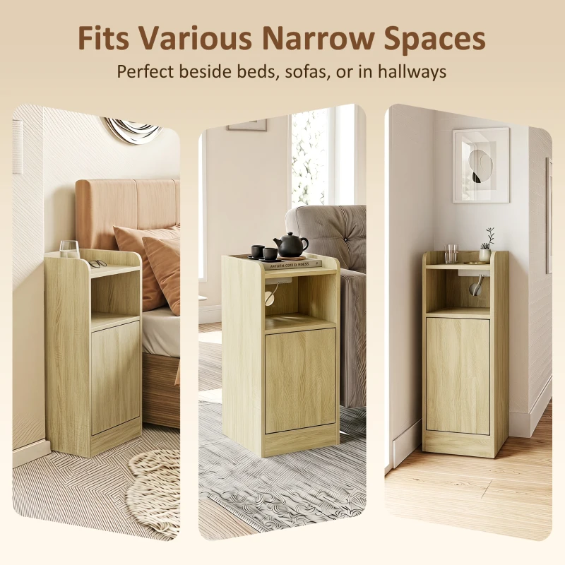 HOMCOM Slim Bedside Table Set of 2 with Charging Station, Narrow Bedside Cabinet with Adjustable Shelf, Oak