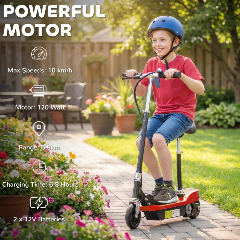 HOMCOM Powered Powered Scooter Ride-On, with Brakes, Adjustable Seat, Adjustable Handlebars, Red