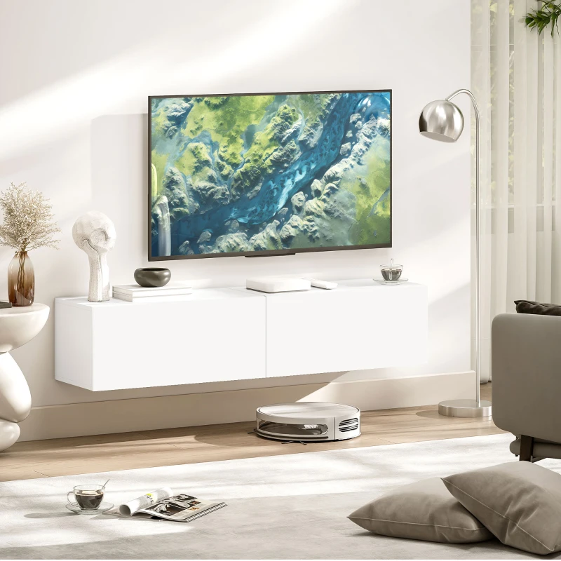 HOMCOM Dulap TV Suspendat pentru Televizoare de 45"-55"-65" cu 2 dulapuri și uși rabatabile, 140x33x29.8 cm, alb
