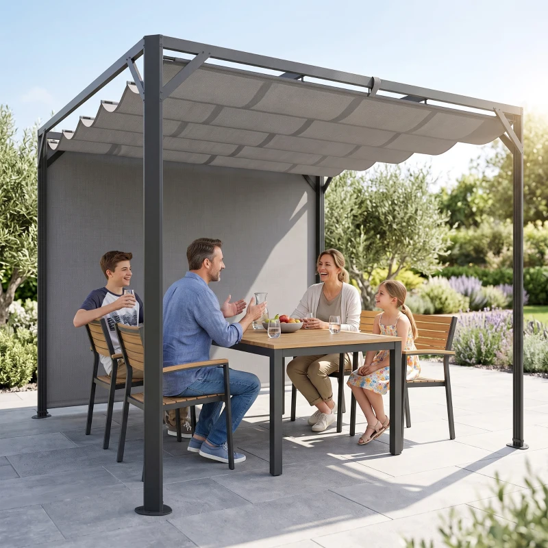 Outsunny Gazebo Pergola Retrattile 3x3 m con Tenda a Rullo e Fori di Drenaggio, in Acciaio e Poliestere Grigio Scuro