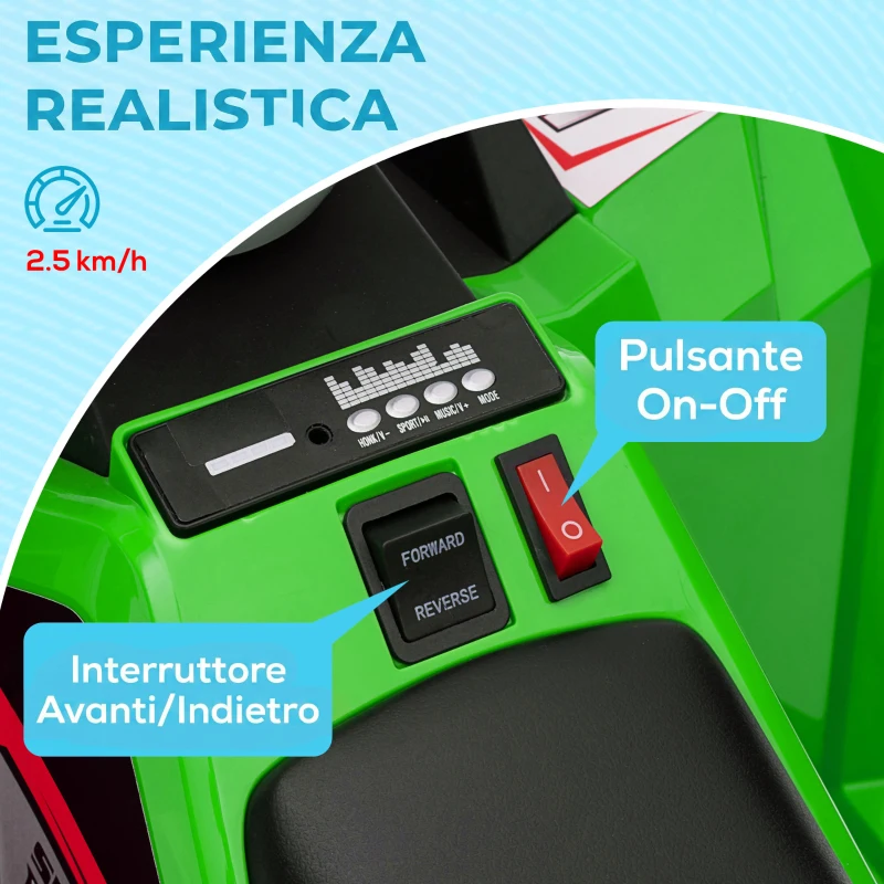 HOMCOM Quad Elettrico per Bambini con Rimorchio, Pedale, Marce Avanti e Indietro, 2.5 km/h, per 18-36 Mesi, Verde