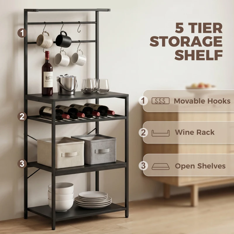 HOMCOM Freestanding Shelving Unit, Industrial Storage Shelf with 6 Hooks and Wine Rack for Living Room, Home Office, Black