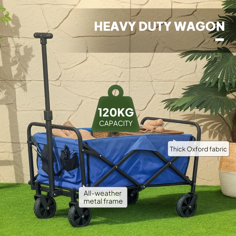 Outsunny 93L Festival Trolley on Wheels, Garden Folding Trolley Cart, 100kg Heavy Duty Collapsible Folding Wagon with Adjustable Handle and Carrying Bag for Beach, Camping, Festival, Blue