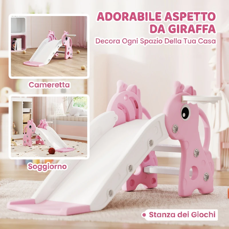 AIYAPLAY Scivolo per Bambini con Scaletta, Canestro da Basket e Pallone, Design Giraffa, per Bambini 1-3 Anni, Rosa