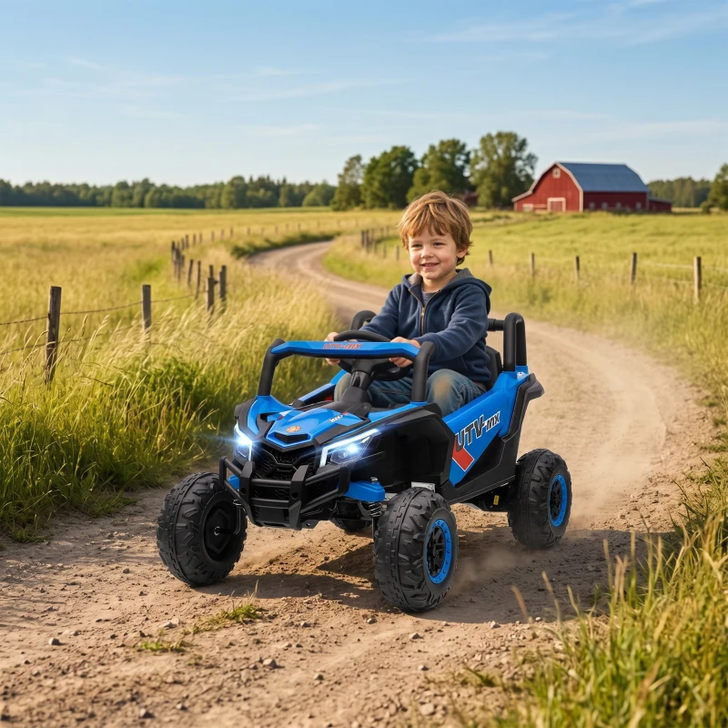 AIYAPLAY Macchina Elettrica per Bambini UTV 12V con Cintura, Telecomando, Sospensioni, USB, 3-7 km/h, 3-5 Anni, Blu