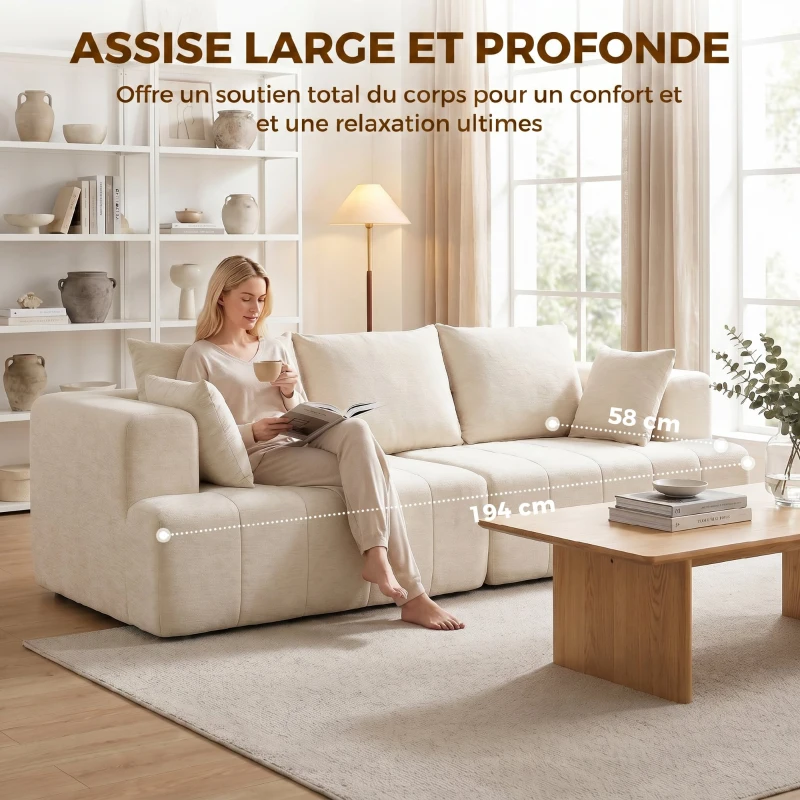 HOMCOM Canapé 3 places en chenille 248 cm, canapé salon moderne, large assise rembourrée, coussins à ressorts, beige