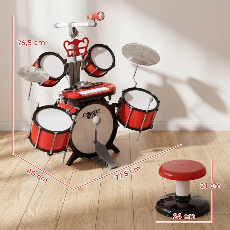 HOMCOM Kit de Batterie pour Enfants avec Tabouret, Clavier Électronique, Microphone, Connecté via USB, 77,5x40x76,5cm, Rouge(m-3)