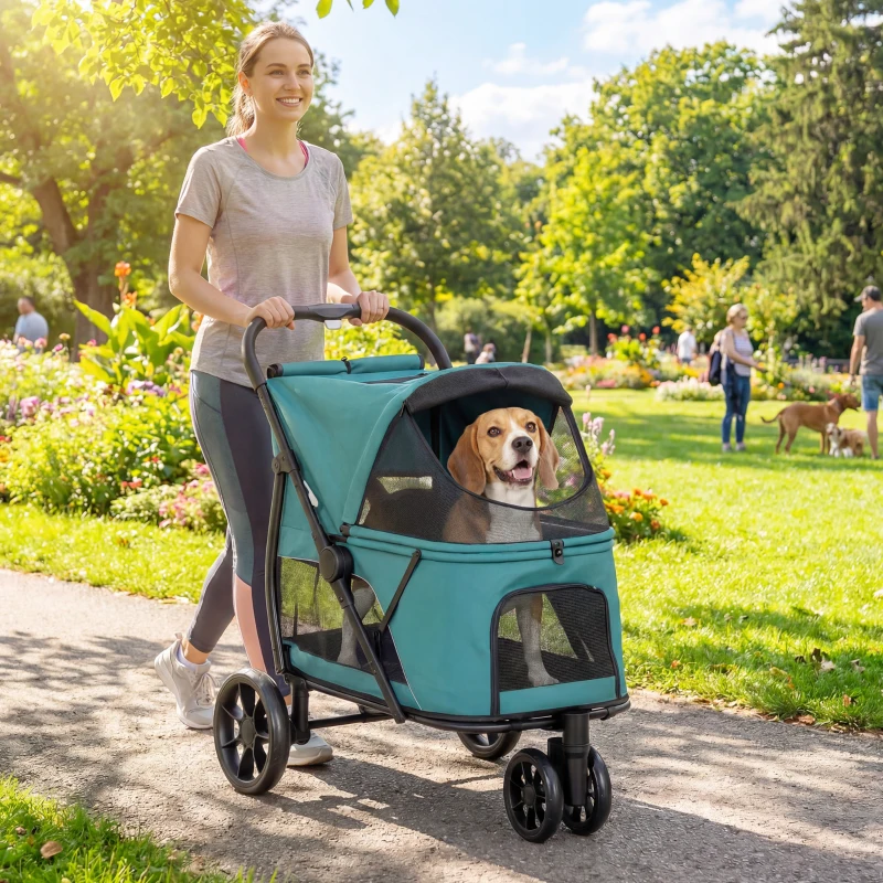 PawHut Dog Stroller, 3 Wheels Pet Stroller with Dual Entry, Easy One-Click Quick Fold, Mesh Windows, Washable Cushion