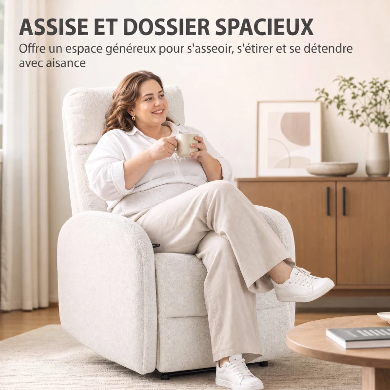 HOMCOM Fauteuil Relax Inclinable, Fauteuil de Relaxation en Peluche Teddy, Assise à Ressorts, Accoudoirs Rembourrés, Crème