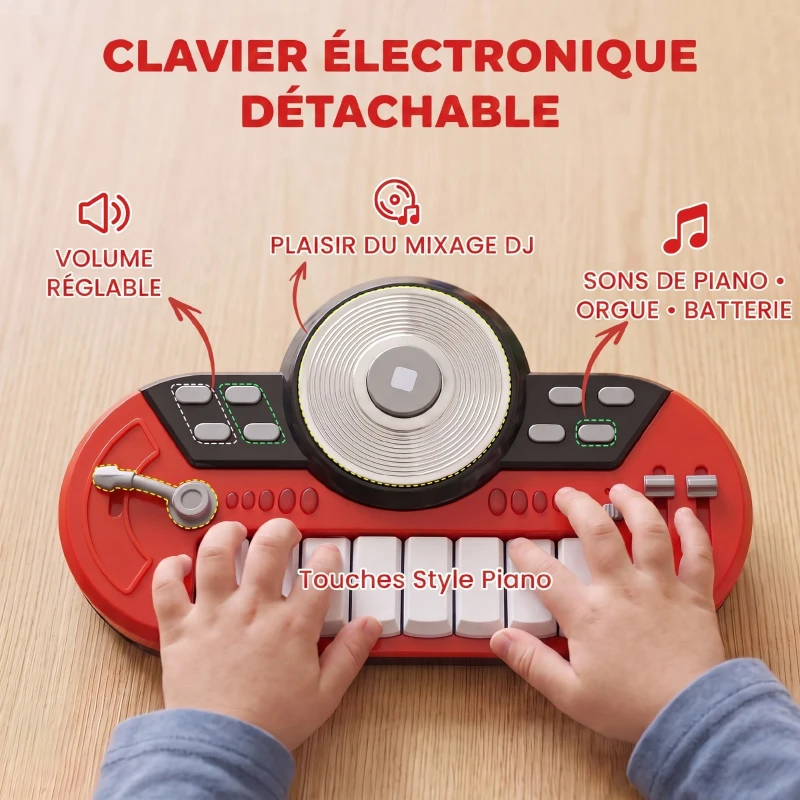 HOMCOM Kit de Batterie pour Enfants avec Tabouret, Clavier Électronique, Microphone, Connecté via USB, 77,5x40x76,5cm, Rouge(m-6)