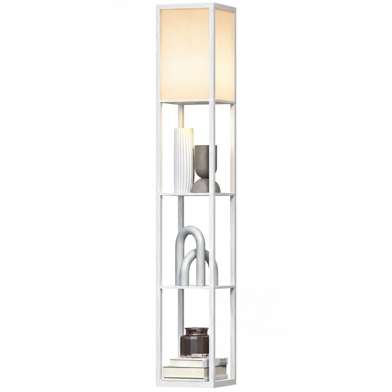 HOMCOM 3-Tier Floor Lamp with Shelves and Storage, Modern Corner Standing Lamp with Lampshade, Foot Switch for Living Room, Bedroom, Home Office, Bulb not Included, White