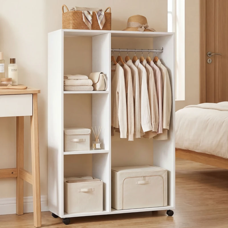 HOMCOM Kleiderschrank auf Rollen, mobile Garderobe, Garderobenschrank, Rollbarer Kleiderständer, 80 x 40 x 128 cm, Weiß(m-10)