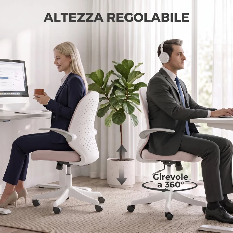 HOMCOM Sedia da Ufficio in Rete con Braccioli Ribaltabili, Altezza Regolabile e Ruote, Rosa e Bianco