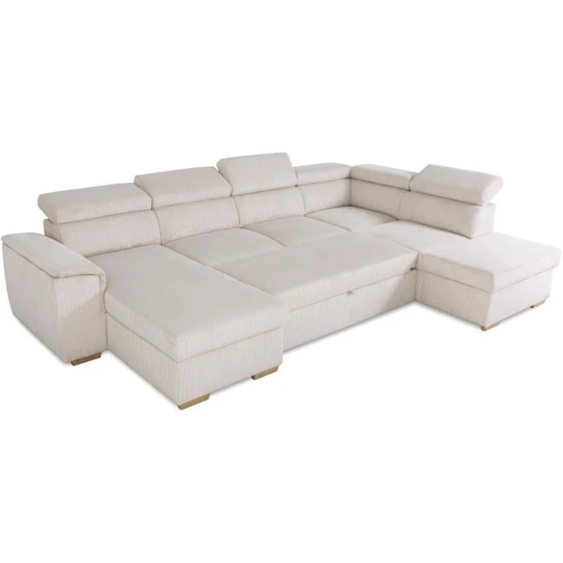Canapé d'angle convertible panoramique 5 a 6 places DAYTONA - Velours côtelé beige - Avec coffre - L 326 x H 94 x P 216 cm