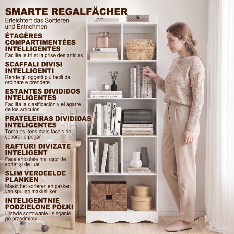 HOMCOM Libreria Moderna a 6 Ripiani con Divisori, 60x26.3x170 cm, Bianco