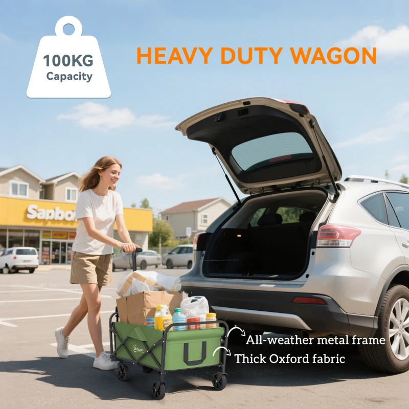 Outsunny 93L Festival Trolley on Wheels, Garden Folding Trolley Cart, 100kg Heavy Duty Collapsible Folding Wagon with Adjustable Handle and Carrying Bag for Beach, Camping, Festival, Green