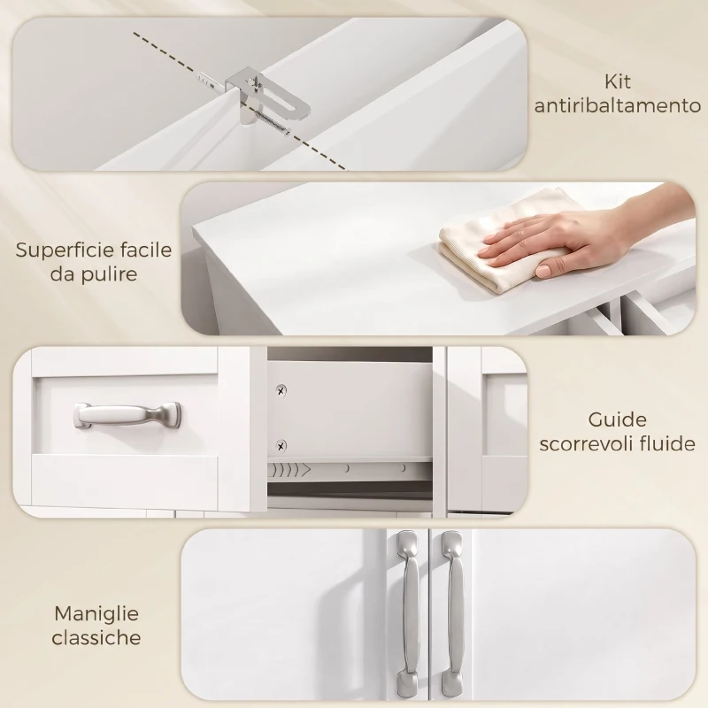 HOMCOM Credenza da Cucina con 4 Cassetti e 4 Ante in Stile Country, 140x38x80 cm, Bianco