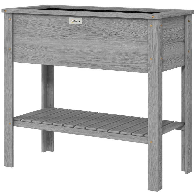 Outsunny Wooden Raised Garden Bed, Elevated Planter Box with Storage Shelf and Drainage Holes, Raised Planter with Legs, Grey