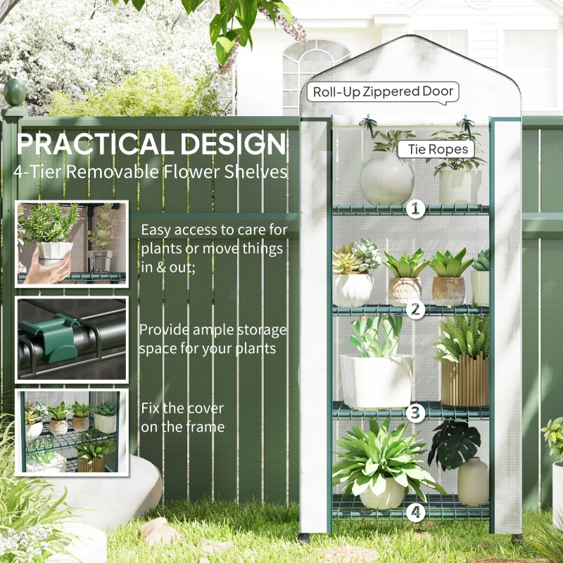 Outsunny 4 Tier Mini Portable Greenhouse Compact Plant Grow Shed Metal Frame PE Cover with Lockable Rolling Wheels, White