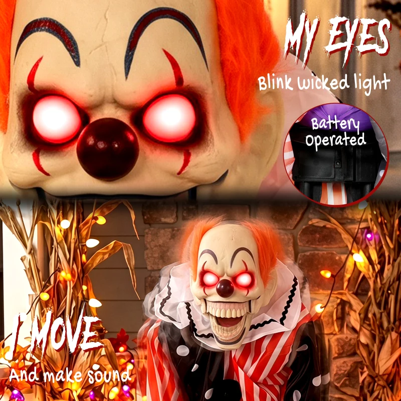 HOMCOM Animated Clown Halloween Decoration, Scary Halloween Animatronics Decor with Sound Touch Activated
