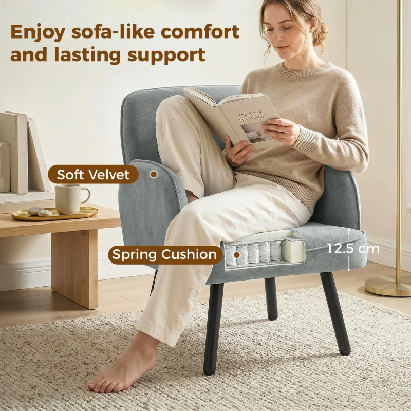 HOMCOM Lounge Chair Velvet Upholstered Armchair with Spring Cushion for Living Room Bedroom Grey