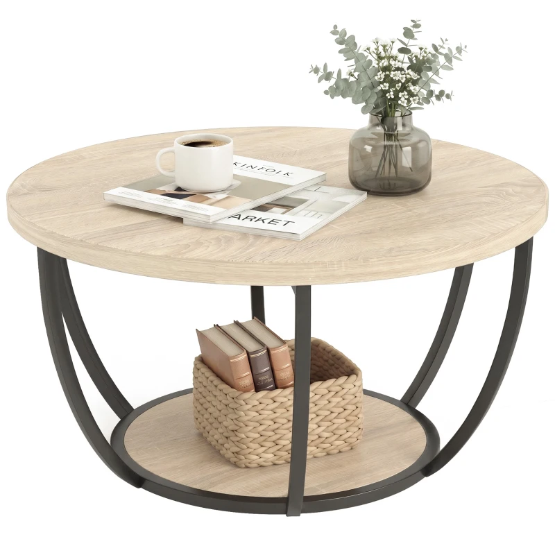 HOMCOM Table basse ronde avec 2 étagères de rangement, pieds en métal, bords arrondis, chêne et noir