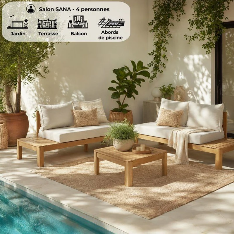 Salon de jardin - SANA - Bois acacia FSC - 1 table basse et 2 canapés - Gris clair - 4 personnes