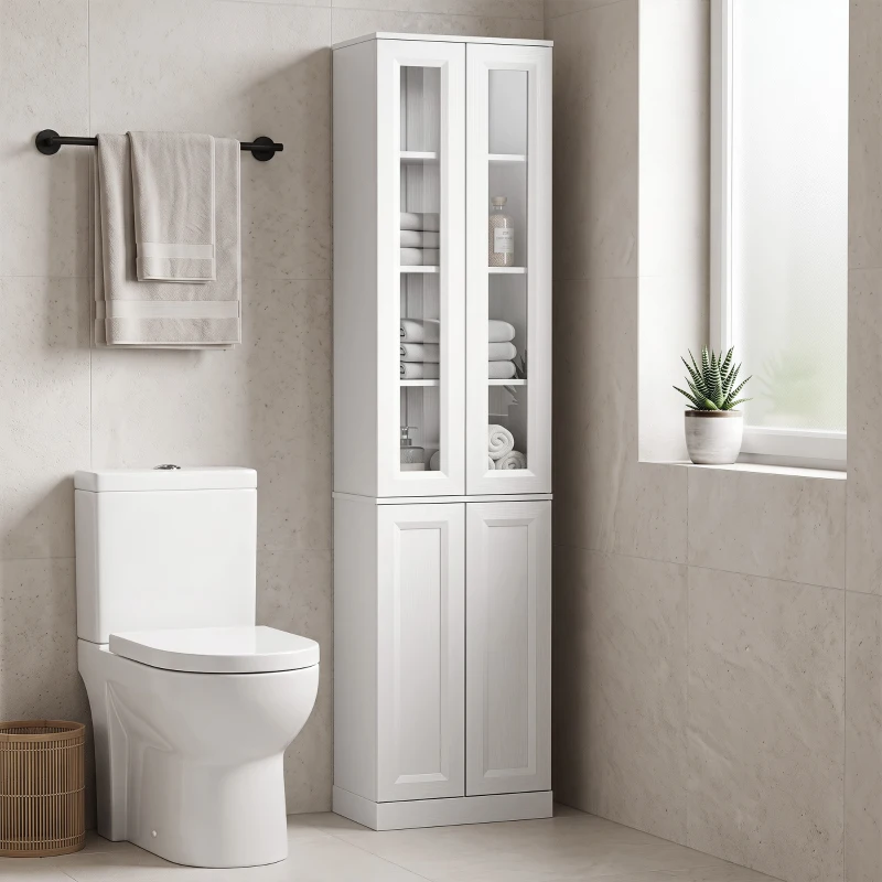HOMCOM Tall Bathroom Storage Cabinet, 6-Tier Slim Bathroom Cabinet with Adjustable Shelf, 4 Soft-Close Doors, White