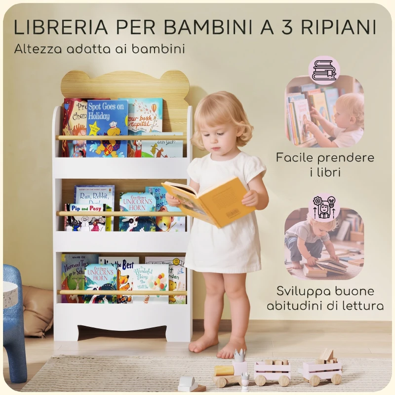 AIYAPLAY Libreria per Bambini con 3 Ripiani a Forma di Orsetto con Barriere Frontali, 55x15x110 cm, Color Legno