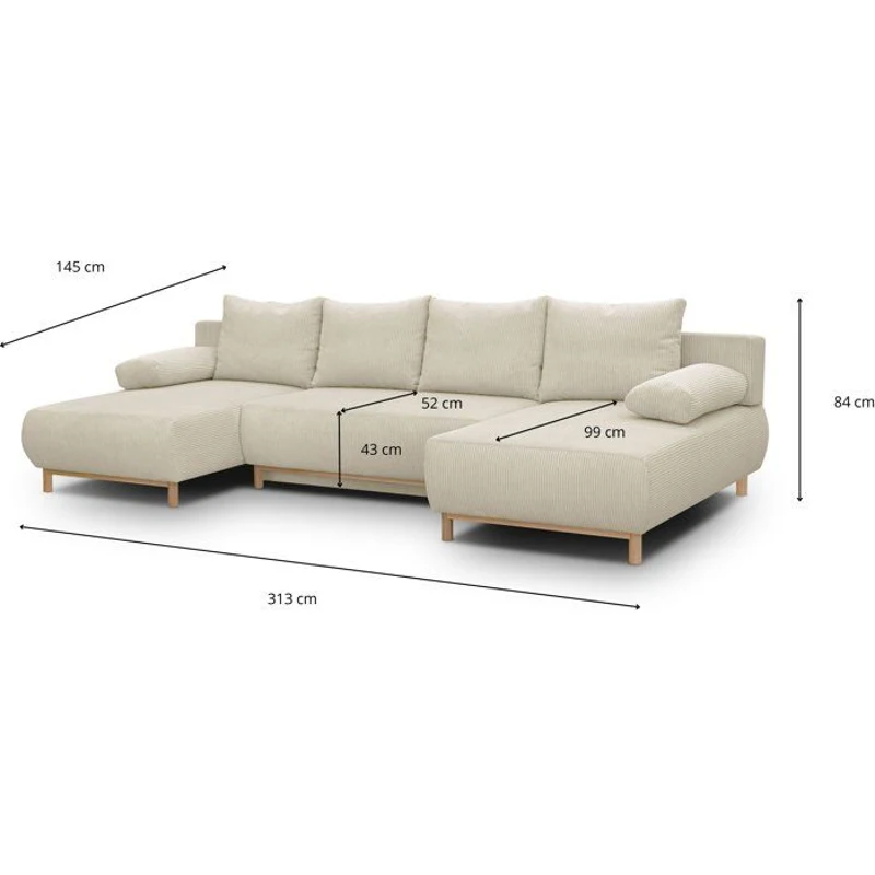 Canapé panoramique convertible - 6 places - MIKA - Velours côtelé Beige - Coffre de rangement - 313 x 84 x 145 cm