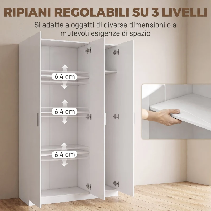 HOMCOM Armadio Guardaroba con Ripiani Regolabili e Ante Soft Close, 109x37x180 cm, Bianco