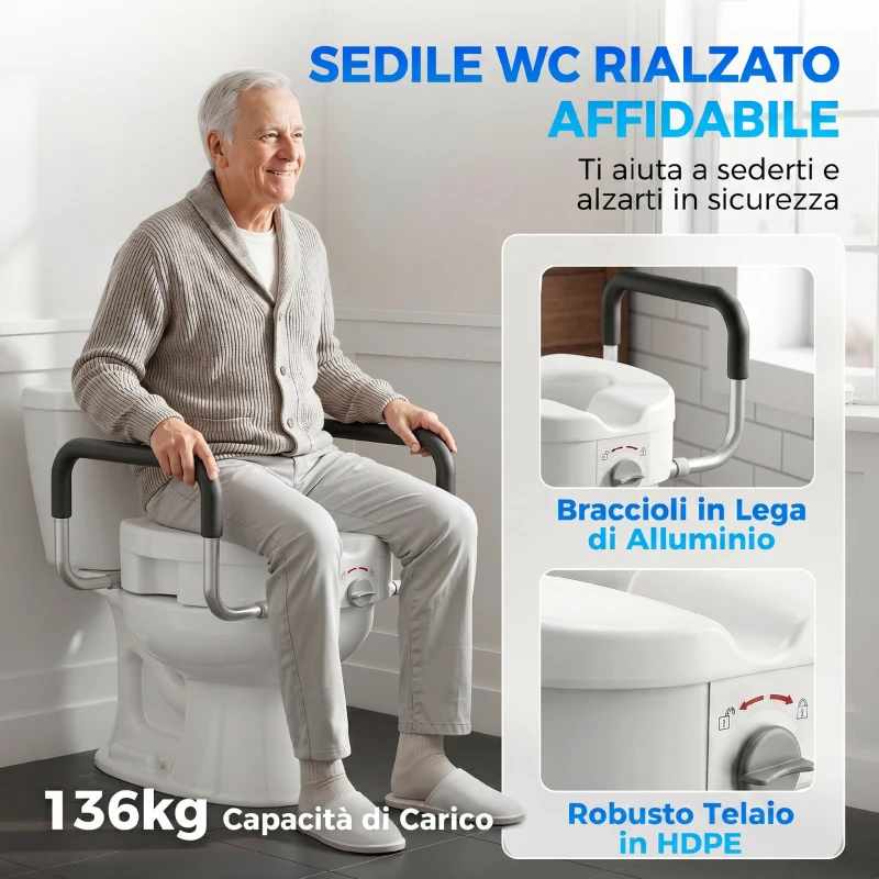 HOMCOM Rialzo WC per Anziani in HDPE con Maniglie Antiscivolo, Larghezza Regolabile, Capacità 136kg, Bianco