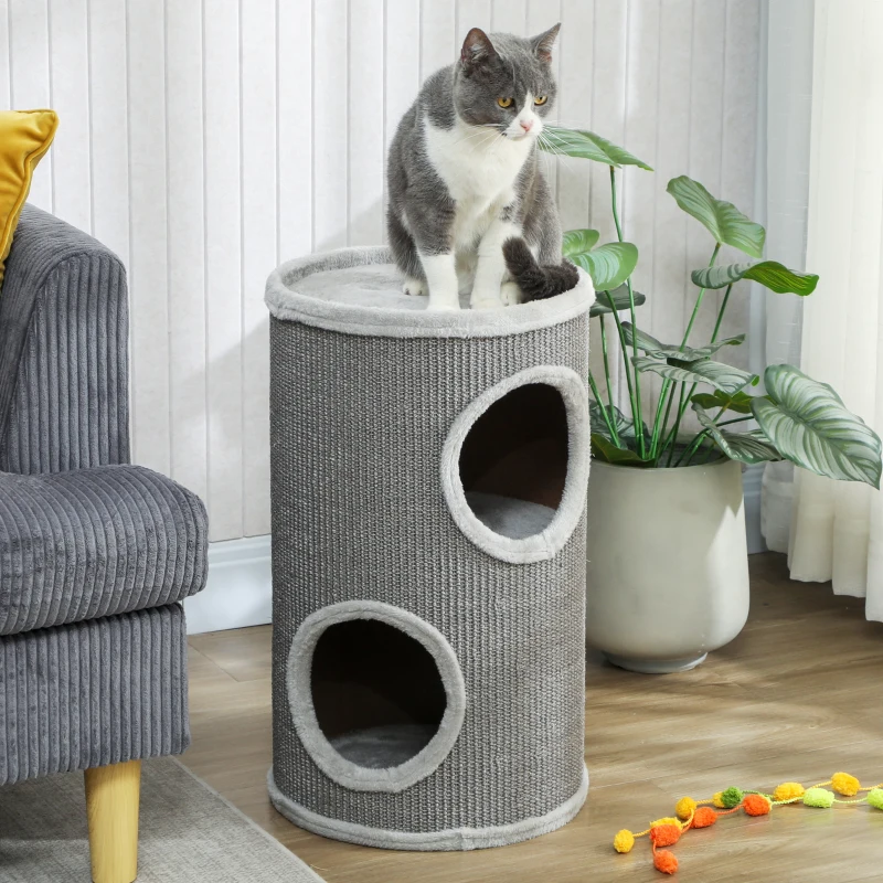 PawHut Tonneau à Gratter pour Chat, Tour à Griffer, Arbre à Chat à 2 Couches en Sisal Naturel, Ø35x60cm, Gris Clair