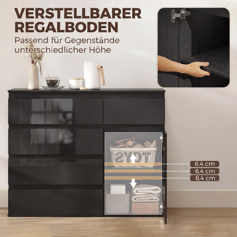 HOMCOM Modernes Sideboard, Stauraum-Sideboard mit 5 Schubladen, verstellbarem Regal, Soft-Close-Tür, Schwarz Hochglanz