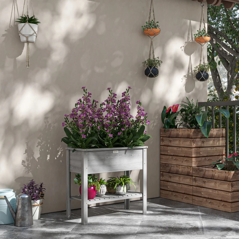 Outsunny Wooden Raised Garden Bed, Elevated Planter Box with Storage Shelf and Drainage Holes, Raised Planter with Legs, Grey