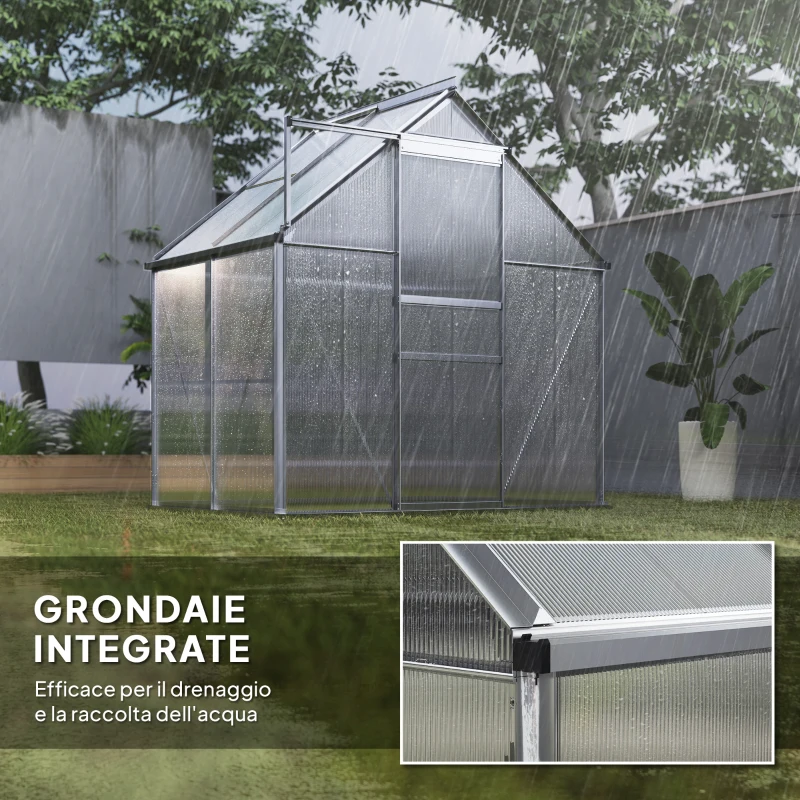 Outsunny Serra in Policarbonato e Alluminio con Porta a Battente e Finestra a Tetto, 192.5x131x200 cm, Argento
