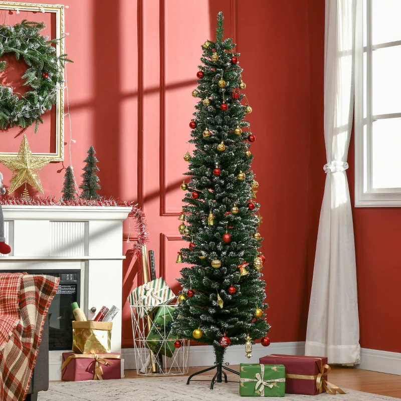 HOMCOM Albero di Natale Slim con 570 Rami, Albero di Natale Innevato Artificiale Alto e Stretto con Base Rimovibile e Pieghevole, Ø53x190cm, Verde