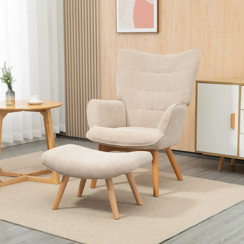 HOMCOM Fauteuil avec repose pied, dossier haut, pieds en bois et tissu aspect velours côtelé, pour salon chambre à coucher beige(m-16)