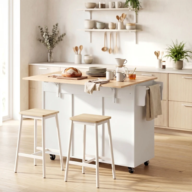 HOMCOM Îlot de cuisine avec plateau rabattable, chariot à roulettes 2 tiroirs, 3 portes, porte-racks et porte-serviettes, blanc