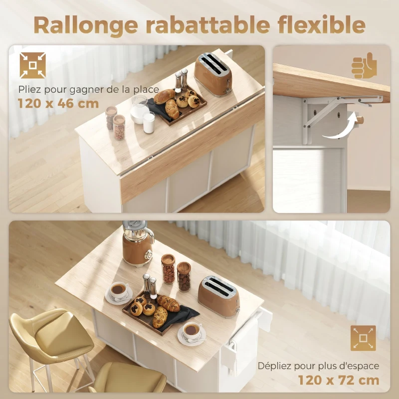 HOMCOM Îlot de cuisine avec plateau rabattable, chariot à roulettes 2 tiroirs, 3 portes, porte-racks et porte-serviettes, blanc