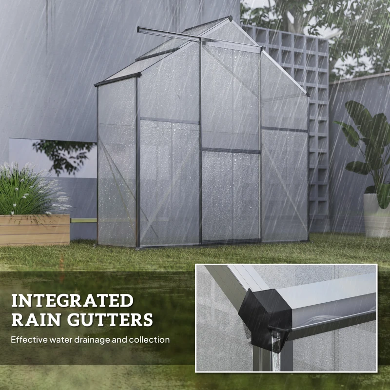 Outsunny 6 x 2.5ft Polycarbonate Greenhouse Walk-In Green House with Rain Gutter, Sliding Door, Window, Foundation, Dark Grey