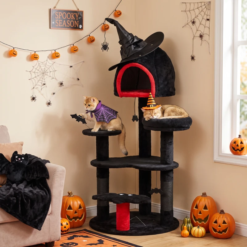 PawHut Gothic Cat Tree, 155cm Cat Tower for Indoor Kittens, Multi-Level Stable Kitten Activity Centre, Black, Halloween