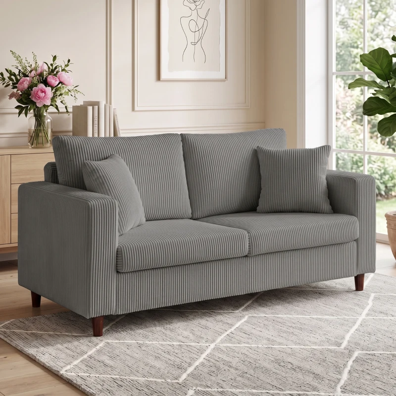 HOMCOM Loveseat Sofa with Wide Seat, Corduroy 2 Seater Couch with Deep Seat, Spring Cushion, Light Grey