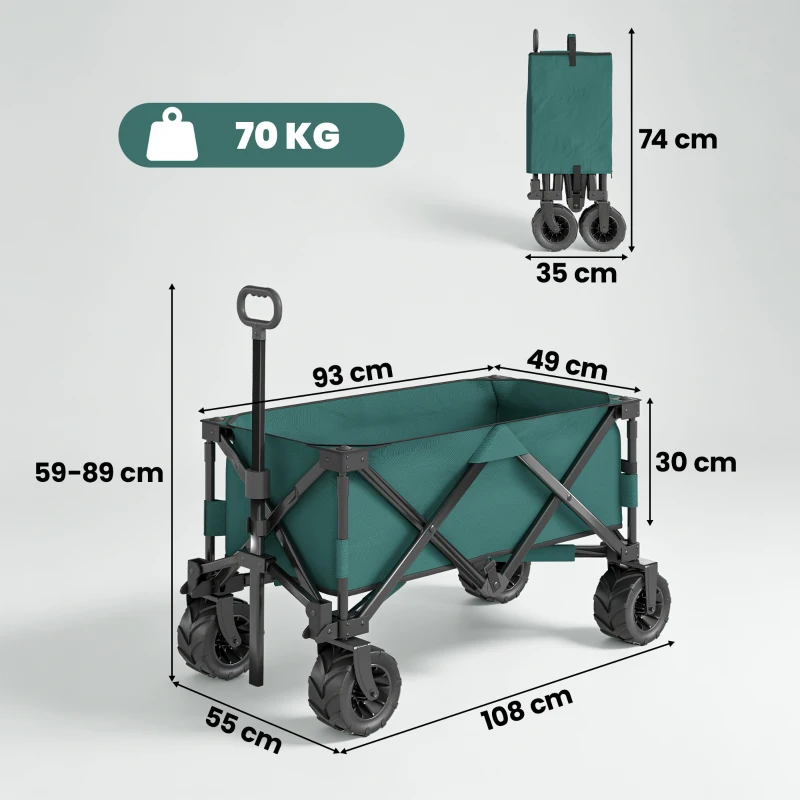 Outsunny 205L Festival Trolley on Wheels, Folding Camping Trolley Cart with Telescopic Handle, Beach Cart with Wide Big Wheels for Outdoor Garden Fishing, Green