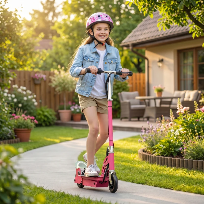 HOMCOM Foldable Powered Scooter with Adjustable Handle, Brake, Pink